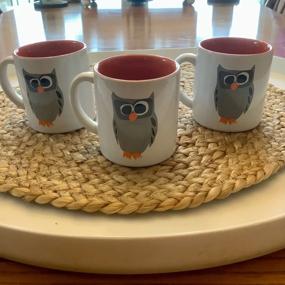 Crate & Barrel Owl Coffee Mug Cup Three Piece Matching Set 8 Ounces * Dual sided
